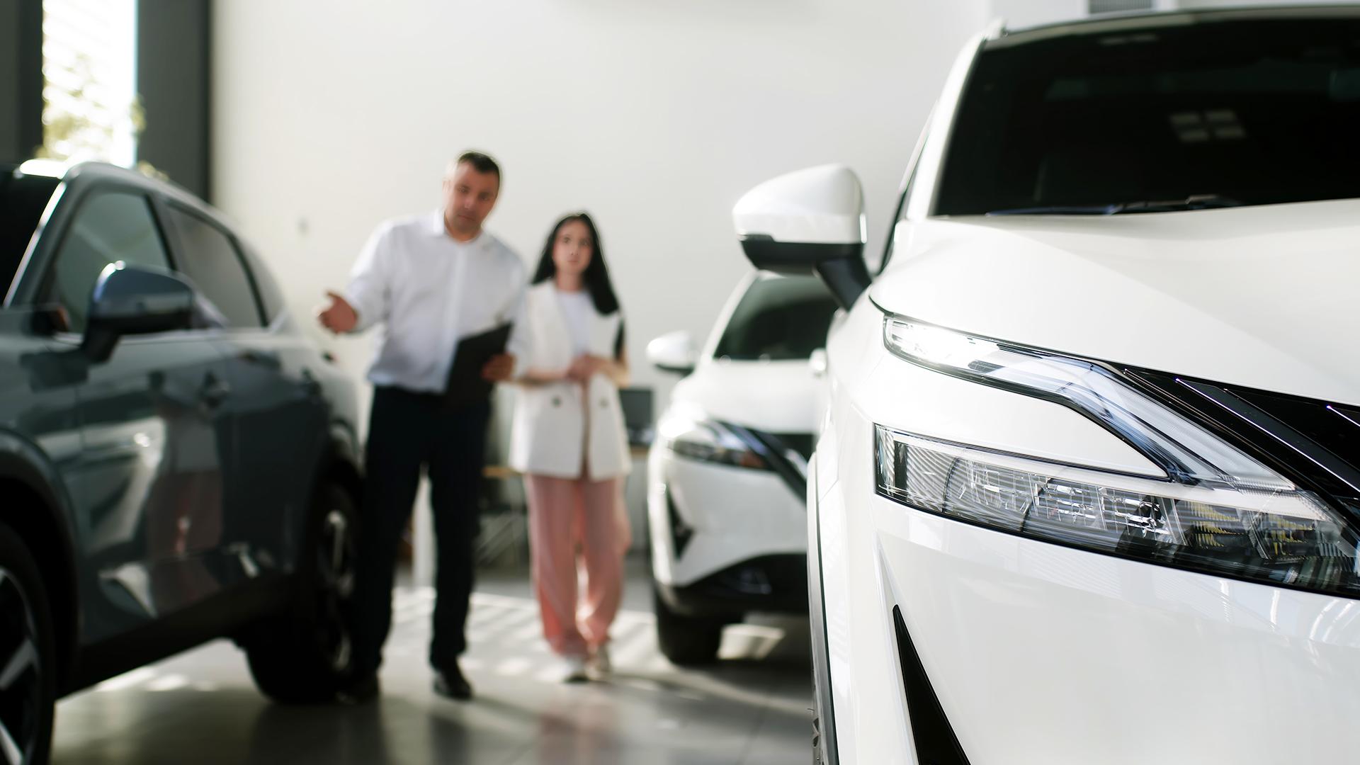 In a car dealership, a salesman introduces the various electric car models to his customer.