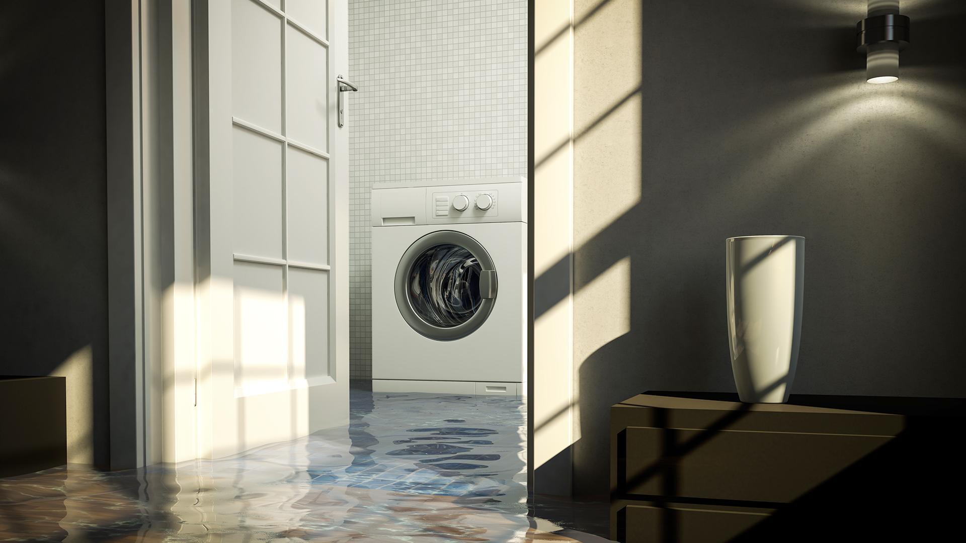 Dans un sous-sol inondé, l’eau circule partout sur le plancher de bois et de céramique et devant une laveuse frontale.
